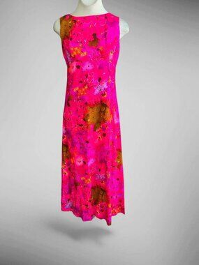 By Tia Hawaiian Maxi Dress Pink Floral Low Gathered Back Vintage Made in Hawaii